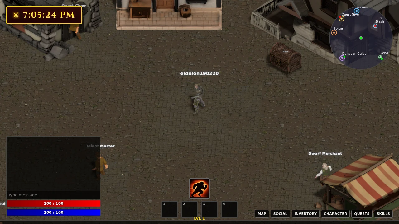 Eidolon gameplay showing a character in town, with the forge, stash, merchants, and game interface