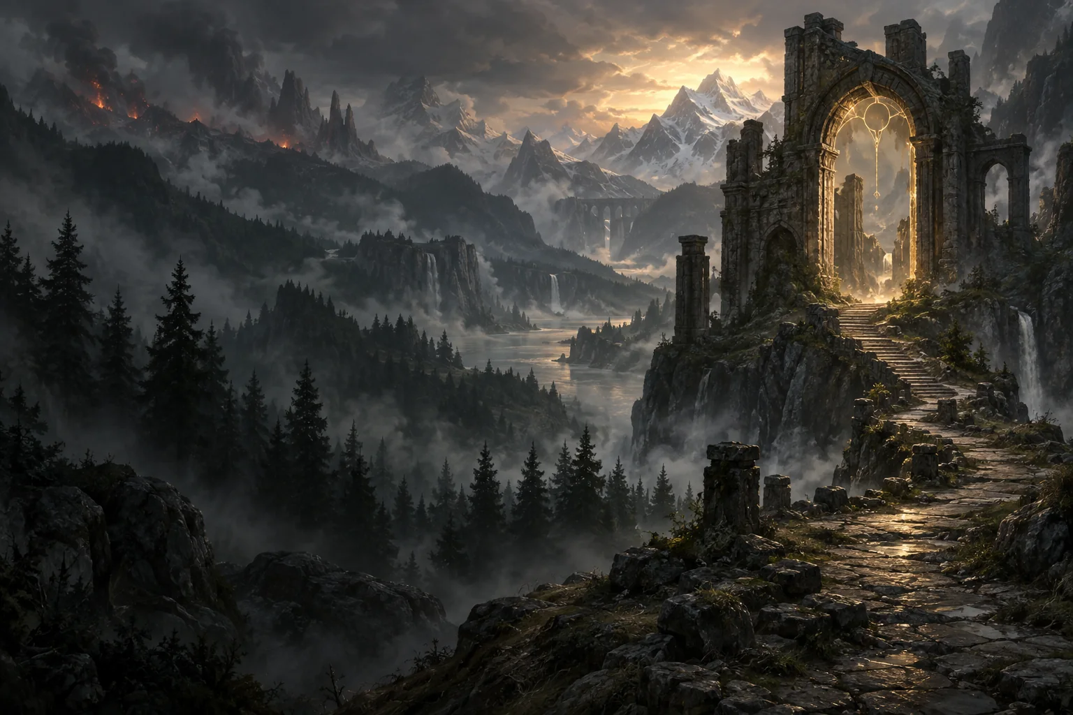 Eidolon concept art: an ancient gateway overlooking a mist-covered elemental realm